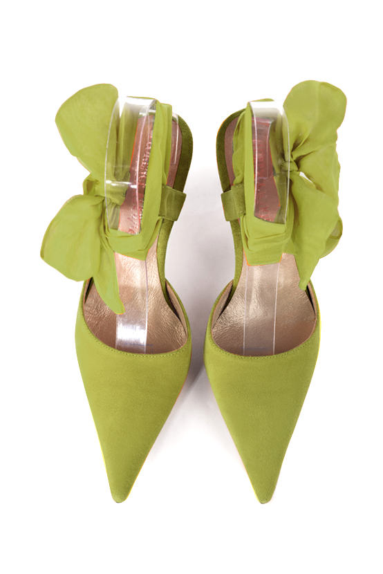 Pistachio green women's open back shoes, with an ankle scarf. Pointed toe. High slim heel. Top view - Florence KOOIJMAN